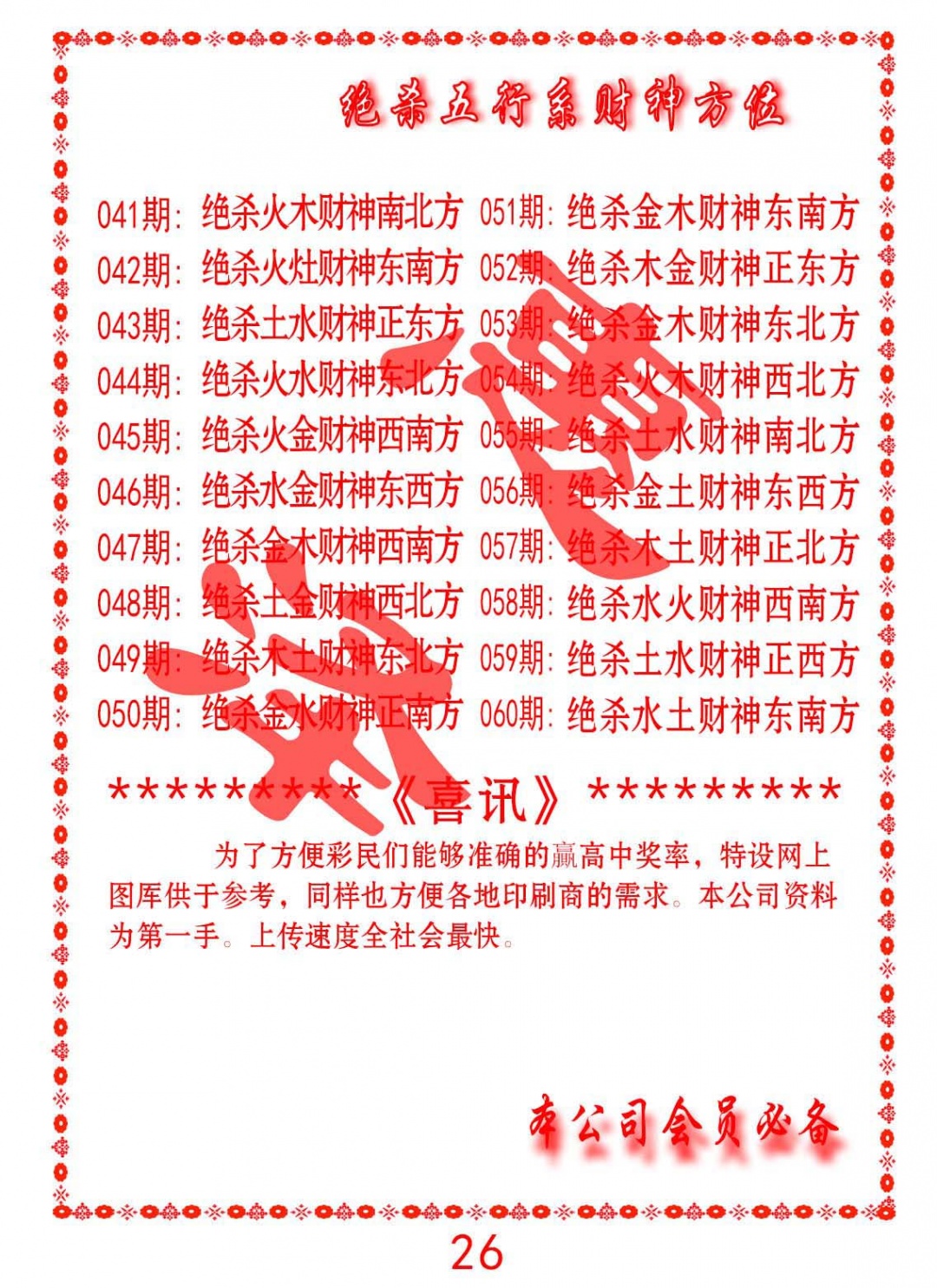 049期绝杀五行及财神方位[图]